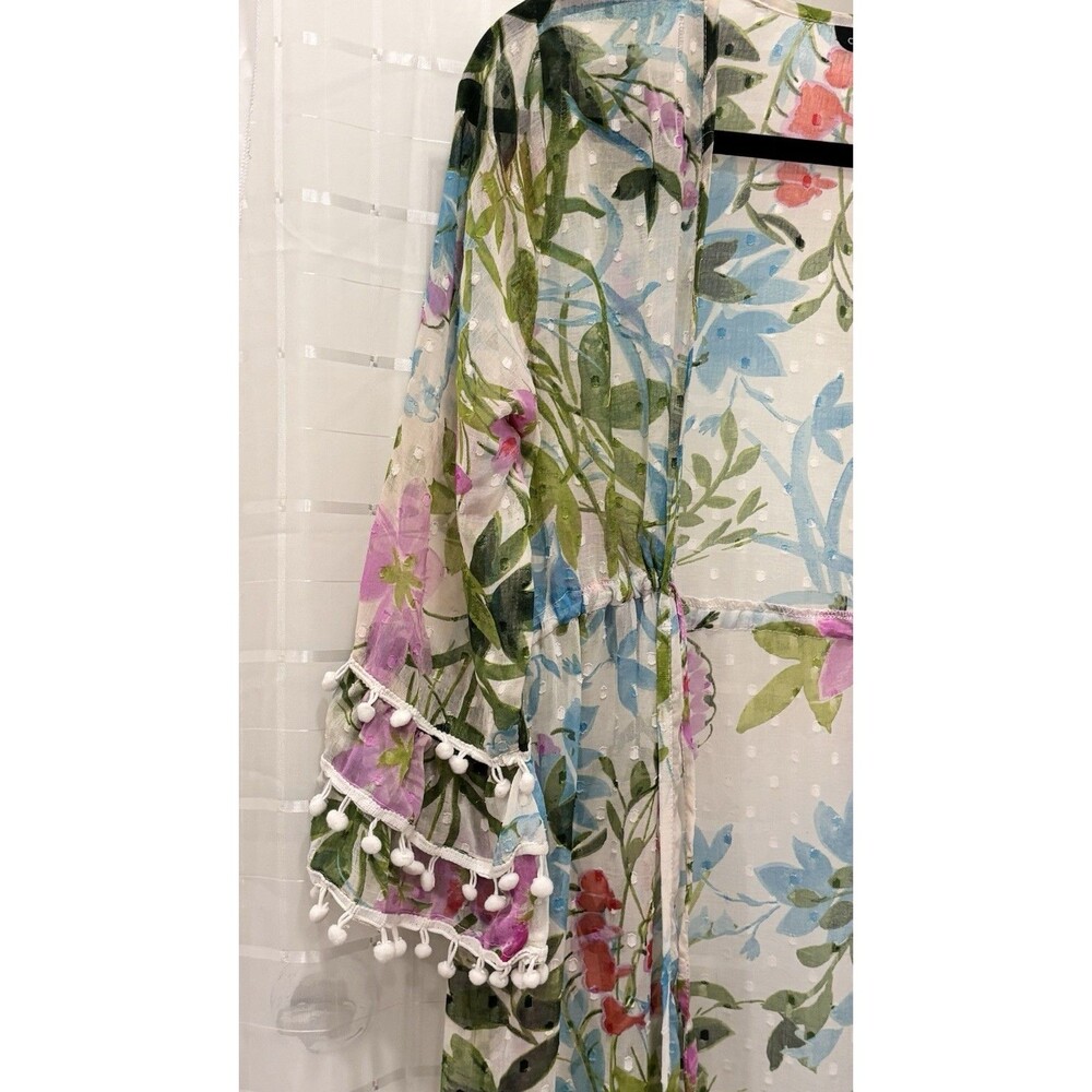 Club Z Collection Boho Floral Sheer Tunic Dress Pom Pom Trim Tassel Waist Size M - Picture 7 of 10